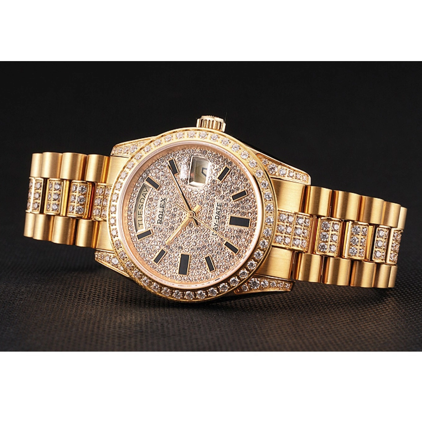 AAA replica watch Pave Gold Yellow Rolex Diamond Swiss Day Date 0625